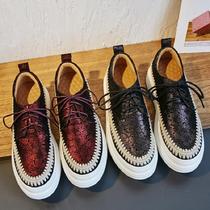 2022 spring new thick bottom pine pastry women genuine leather slopes heel lace with lace single shoe and goat leather wine red with lefoo boomer shoes