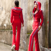High-end Sports Suit Women 2022 Chunqiu Fashion new Lianhood Korean version High waist width Pants Striped Casual Wear