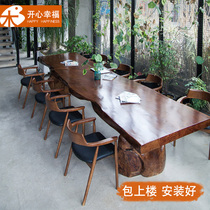 Whole board solid wood tea table and chair combination Tea table Conference table Long table Log tea table Large board office table Tea table