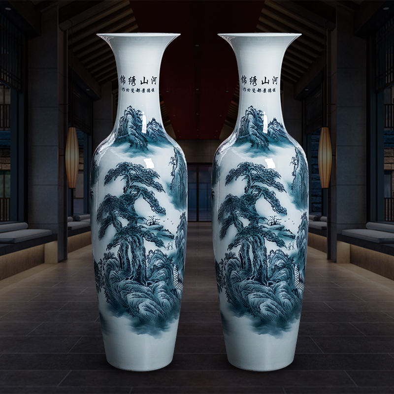 Extra large floor vase of blue and white porcelain of jingdezhen ceramics new sitting room hotel decoration of Chinese style household furnishing articles