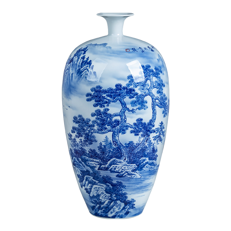 Jingdezhen ceramics hand - made landscape large blue and white porcelain vase sitting room exhibition hall decoration of Chinese style household furnishing articles