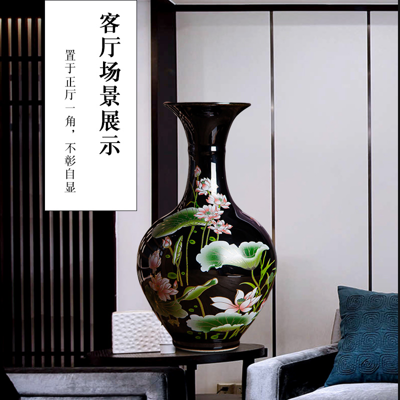 Jingdezhen ceramics decal black lotus flower bottle place flower arrangement of Chinese style household wine sitting room adornment