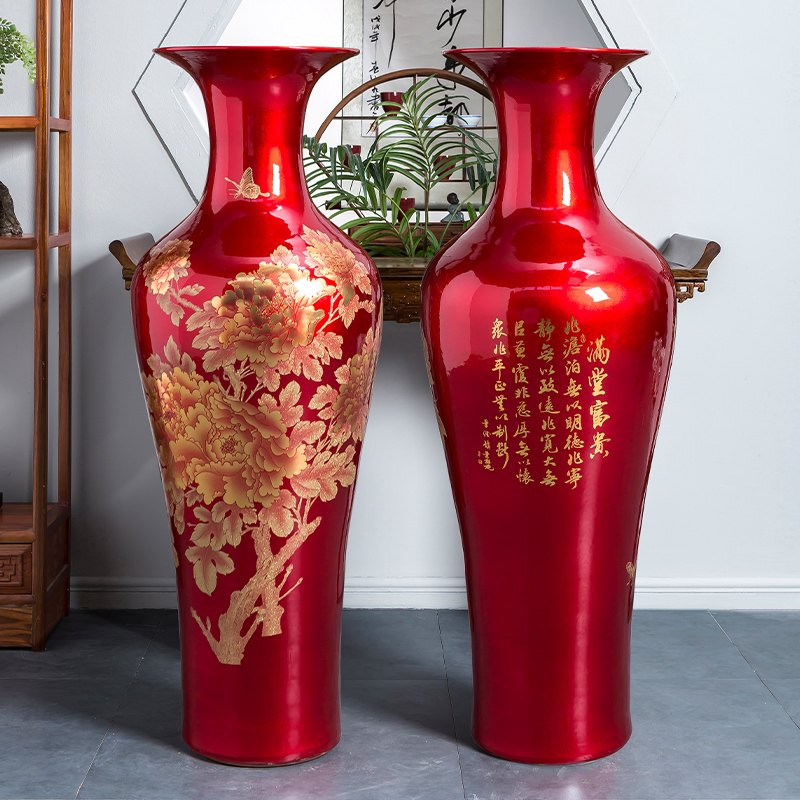 Jingdezhen porcelain ceramic Chinese red ground extra large vases, sitting room hotel decoration of Chinese style household furnishing articles