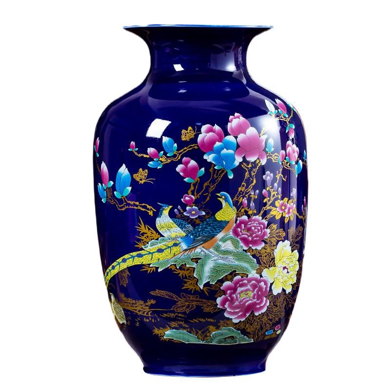 Jingdezhen ceramics golden pheasant blue small vases, flower arranging place, Chinese style household living room TV cabinet decoration