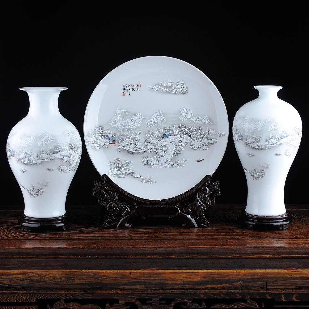 景德镇陶瓷器雪景三件套白花瓶挂盘子简约现代家居装饰品客厅摆件