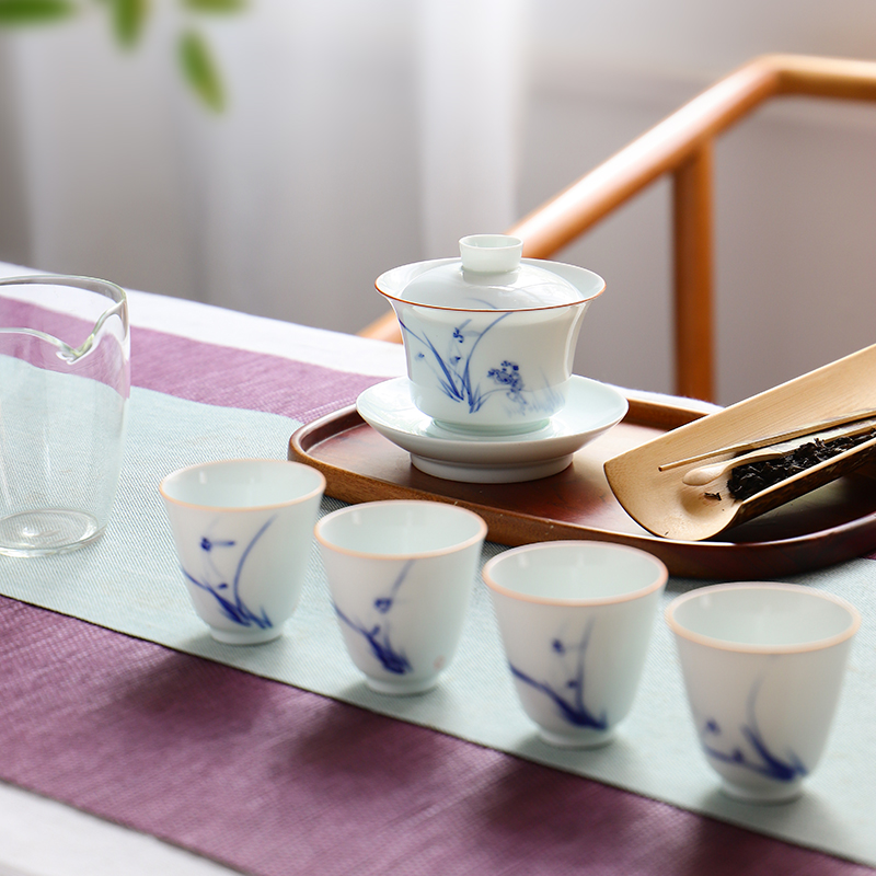 The Escape this hall jingdezhen blue and white orchid tureen hand - made teacup set three bowl of tea bowl set of kung fu tea set