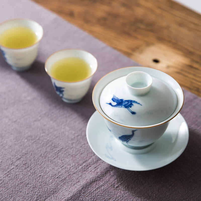 The Escape this hall jingdezhen blue and white pine crane, hand - made ceramic tureen tea cups set three tureen tea bowl of kung fu tea set