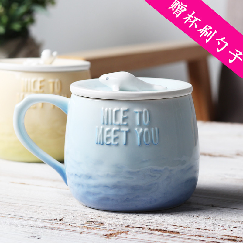 Creative ceramic cups with cover mark office coffee cup move couples cup breakfast cup to the voice of the sea gradient