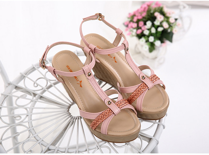 红蜻蜓女鞋春夏季正品真皮休闲坡跟高跟防水台