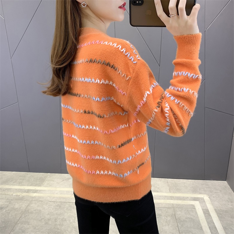 秋冬新款 v领针织毛毛夹色长袖套头夹色女装毛衣