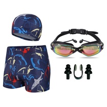 Swimming trunks mens swimsuit set flat corner swimming trunks swimming cap swimming gear new large size loose hot spring swimsuit