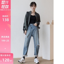 GUIER diagonal buckle placket broken jeans women 2021 new autumn straight loose high waist pants