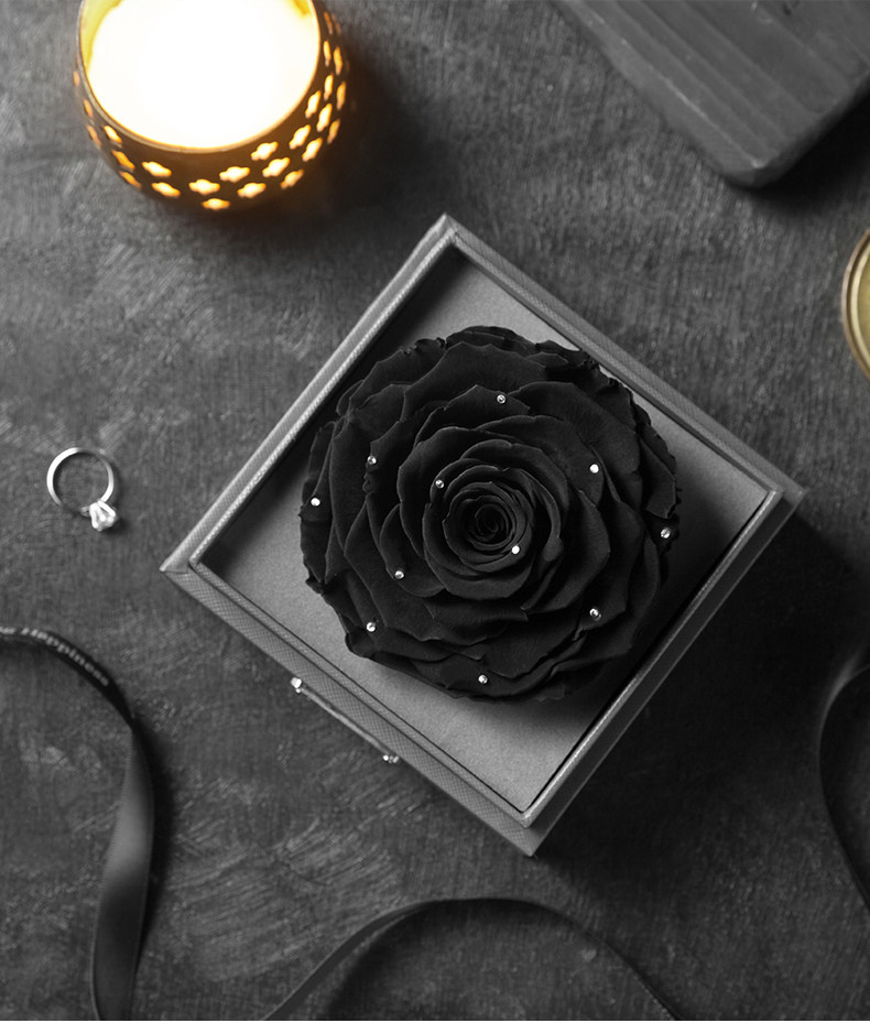 七夕永生花送女朋友玻璃罩摆件情人节礼物 永生花黑色玫瑰花礼盒_便宜