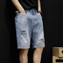 Breaking hole scraped denim shorts mens summer wear Middle pants loose 2021 new pants mens five-point pants trend