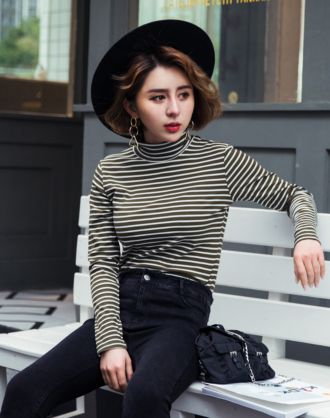 初语 学生高领打底衫女细条纹长袖t恤女8810111444