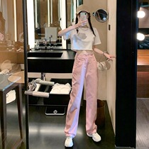 Simple short navel short sleeve T-shirt fashion vintage Joker high waist wide leg pants mop floor pants jeans set women