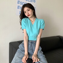V-neck short sweater short sleeve sweater womens 2021 summer new hot girl slim slim slim tight waist top