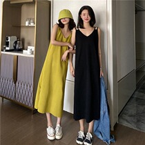 2021 early spring temperament casual loose slim versatile niche dress light mature wind inner knit suspender long skirt