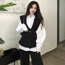 Hong Kong Flavor Shirt Women 2021 Spring New Fashion Loose Lantern Sleeve Alphabet Printing White Shirt with Vest