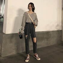 2021 spring and summer new Korean fashion hole high waist loose thin leg straight pants nine jeans women tide