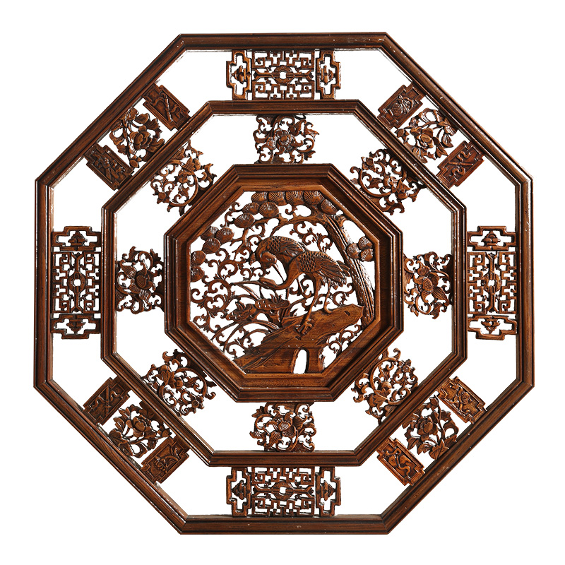 东阳木雕 实木八角花格墙饰挂件 榆木挂饰壁挂 中式装修玄关壁饰