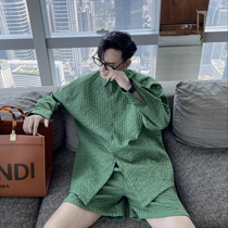 (VERA KANE) Korea ins light luxury fashion casual long sleeve shirt shorts texture design two pieces of hipster men