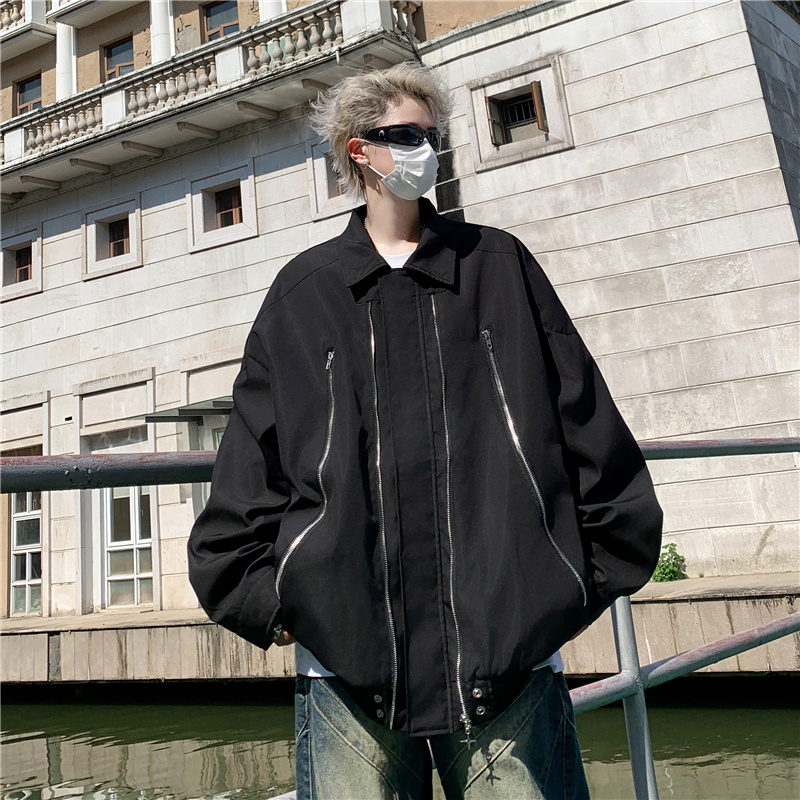 美式高街vibe拉链外套男秋季痞帅设计感上衣潮牌宽松翻领工装夹克