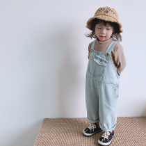 Girls denim pants foreign style Korean version 2021 new little boy loose pants childrens conjoined casual trousers