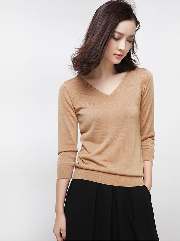 v领七分袖针织衫女套头 2017秋季新款 天丝纯色宽松打底毛衣短款