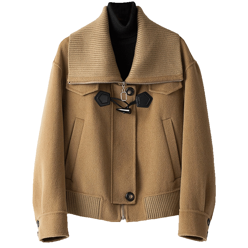 BXV horn button double-sided wool coat for women short spring new large lapel double-sided wool coat small BXV horn button double-sided wool coat for women short spring new large lapel double-sided wool coat small