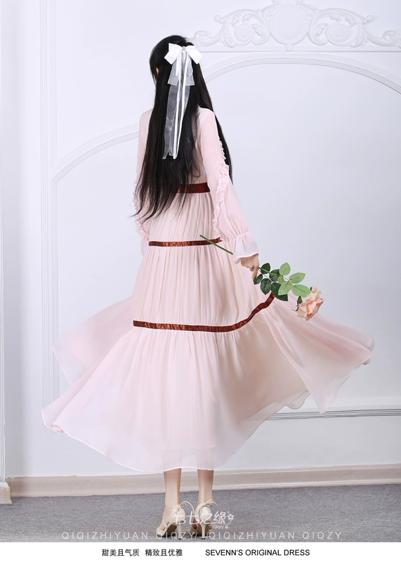 Qiqizhiyuan Spring and Autumn New Women Dresses Pink Ruffled Lace Slim Voan Váy dài - Váy dài