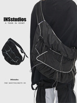 INSstudios Homemade South Korea Ins Dark Black High Street Hip Hop 3M Reflective Drawing Rope Single Shoulder Diagonal Satchel Dumplings Bag