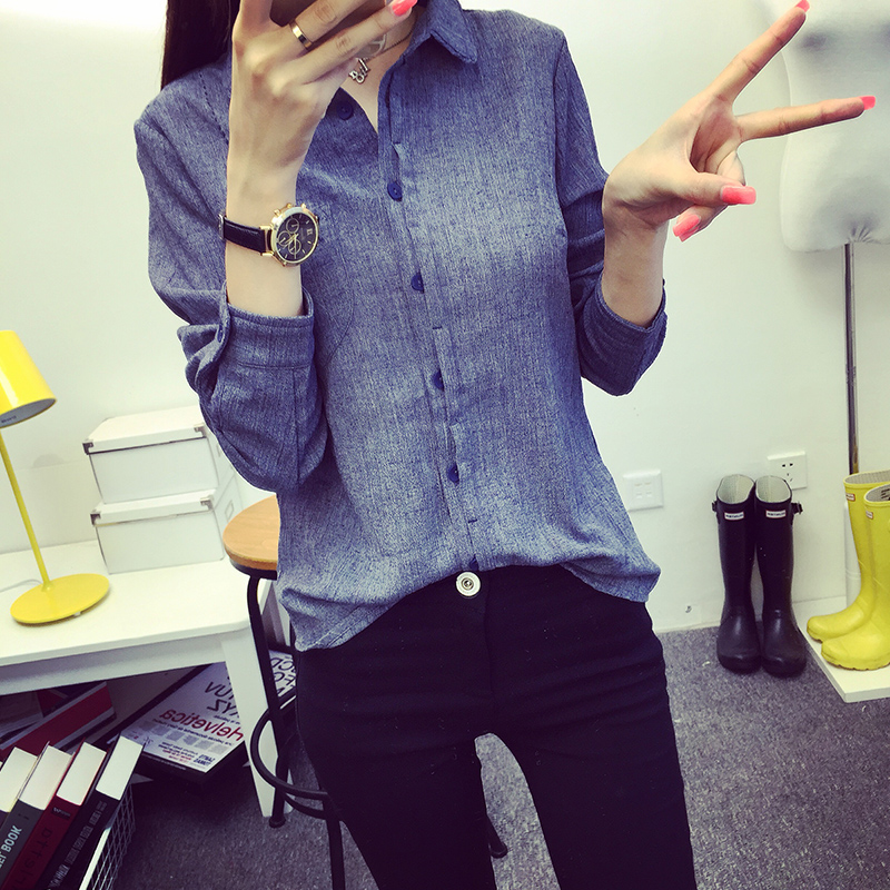 索尔莉2015秋装新款韩版女装休闲牛仔色长袖衬衫宽松打底衫女衬衣产品展示图4