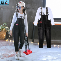 Girl Net red suit autumn new foreign style 2021 big girl black denim backpack pants childrens two-piece set