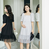 Maternity dress Summer chiffon mesh square collar short sleeve long skirt wear fashion summer Korean version