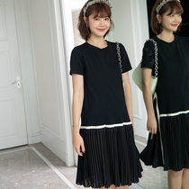 Pregnant women dress summer round neck short sleeve solid color skirt Korean version of net Red wear pleated base skirt maternity