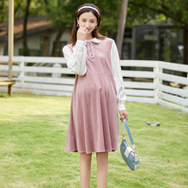Pregnant Woman Fall Long Sleeve Dress Dress Out Fashion Light Core Suede Shell Sleeve Splicing Skirt Outside Wearing Loose Gestation Woman Dress