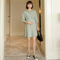 Pregnant Women summer dress short sleeve lapel collar long green plaid shirt skirt Korean version wear high waist tide maternity dress