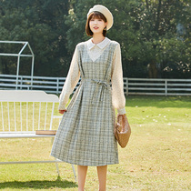 Small fragrant wind pregnant woman with dress and autumn and winter splicing in long sleeves with long sleeves in long sleeves Korean version loose Korean version of long dress