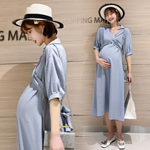 Pregnant Woman Lian Dress Woman Summer 2022 Leisure Medium Long Summer Tide Short Sleeve Thin personality Turnover Lace Shirt Dress
