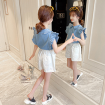 Girls denim suit summer Korean shorts casual Net Red foreign fashion girl boy 2021 new two-piece set