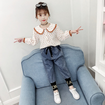 Childrens clothing girls autumn clothing 2021 New polka dot shirt set girls letter denim Library casual set tide