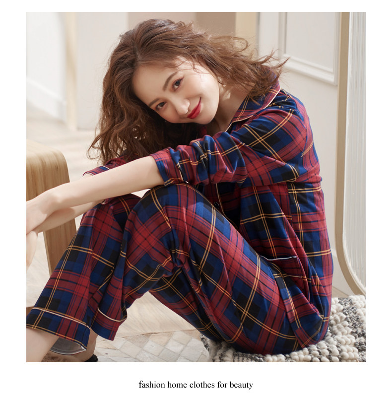 睡衣女士春秋款纯棉长袖秋季全棉大码女装格子秋冬季家居服女套装