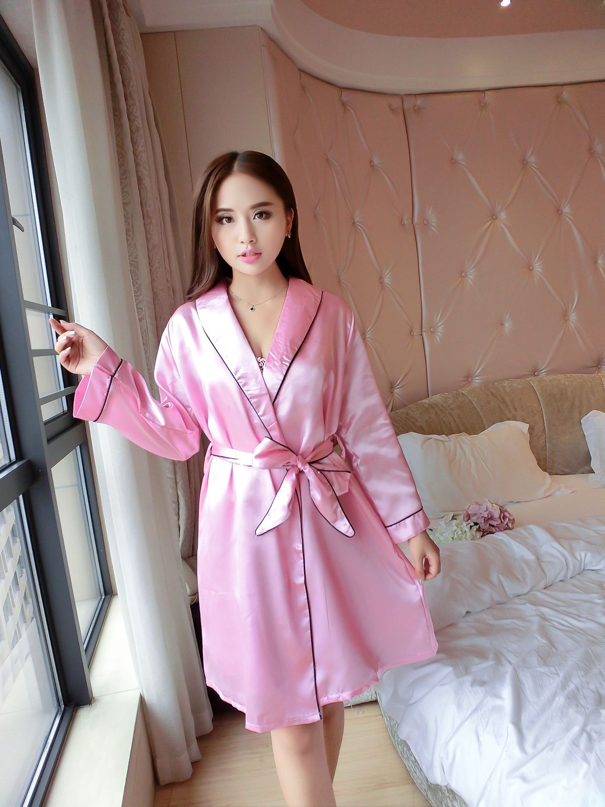 性感丝绸女秋季长袖仿真丝睡衣大翻领睡袍春冰丝套装26长袍24