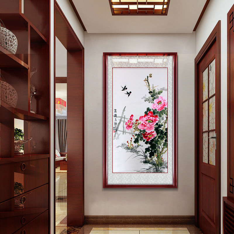 牡丹花开富贵中式装饰画玄关走廊过道挂画现代客厅竖版壁画墙画