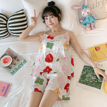 With Chest Cushion Pyjamas Womens Summer Ice Silk Harnesses Two Sets Sweet And Cute Silk Home Suit Summer Thin