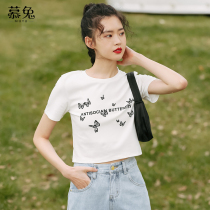 Mu rabbit ins white printed short T-shirt women short summer 2021 New Korean version of high waist short sleeve body shirt tide tide