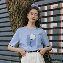 ins solid printed short sleeve t-shirt female summer 2022 new Korean version loose 100 lap pure cotton compassionate blouses half sleeve tide