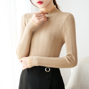 高领毛衣女2019秋冬新款打底衫内搭蕾丝边修身加厚长袖针织上衣仙
