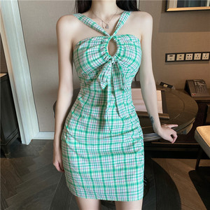 New sexy Plaid neck strap slim retro dress